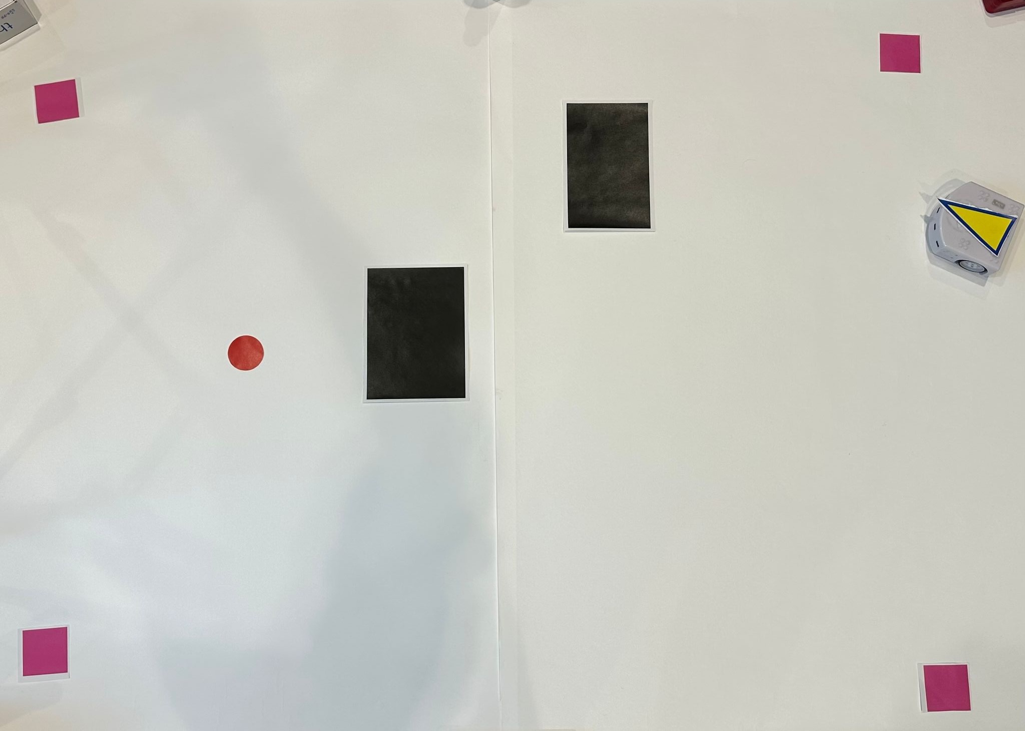 Experimental setup with calibration markers, targets, and obstacles.